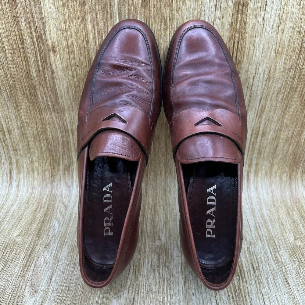 Prada Penny Loafers Men's Size 7.5 Brown Leather Made in Italy Dress Shoes